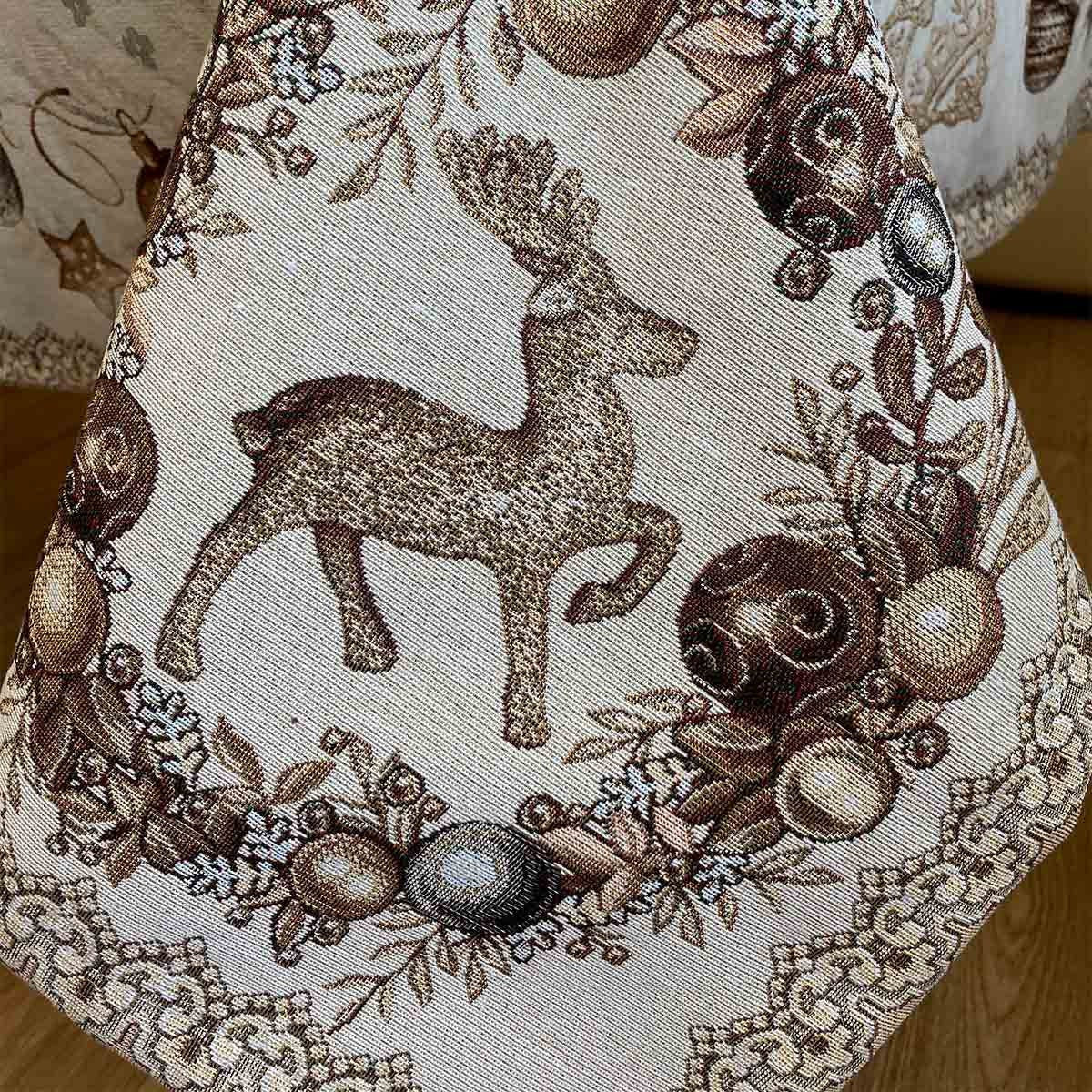 Beige And Gold Christmas Tapestry Tablecloth With Reindeer And X-mas Ornament. Festive Home Decor, Living Room Textile, Family Gift Idea.