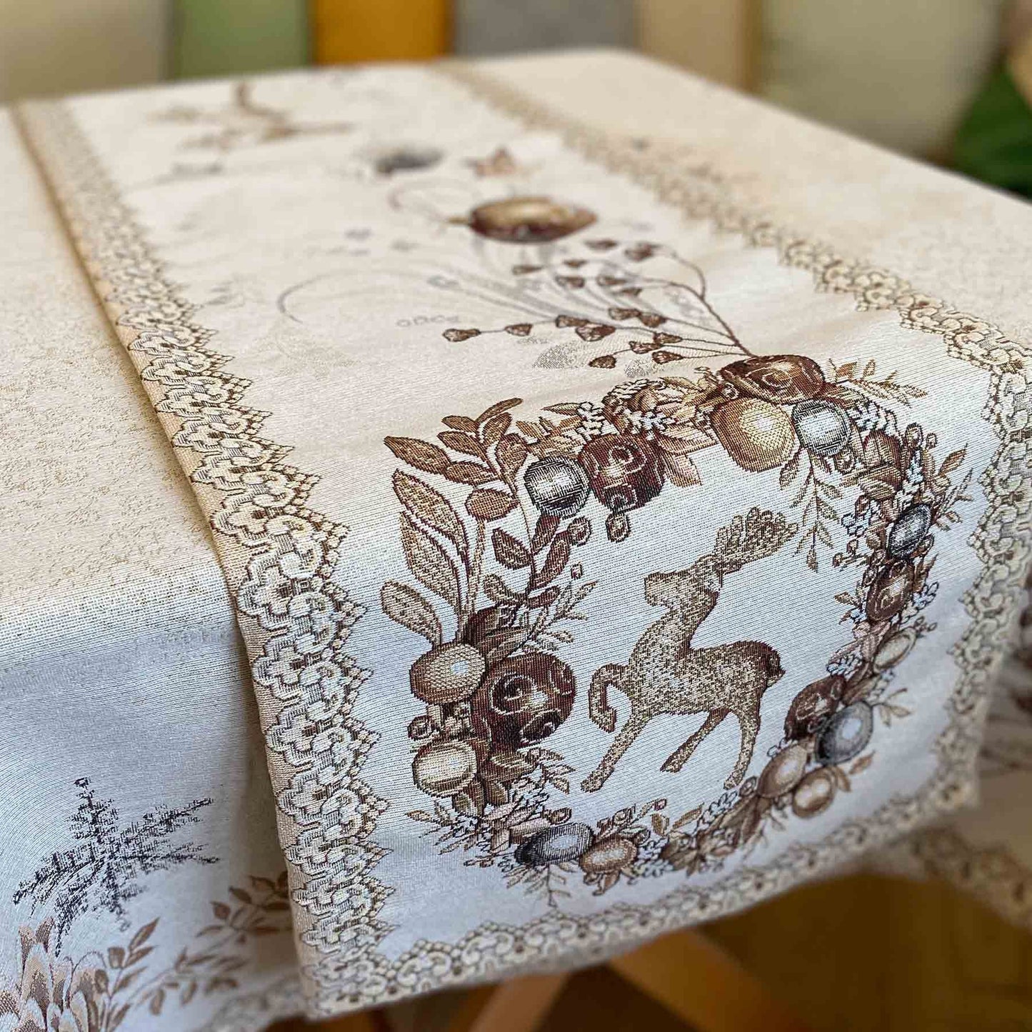 Beige And Gold Christmas Tapestry Tablecloth With Reindeer And X-mas Ornament. Festive Home Decor, Living Room Textile, Family Gift Idea.