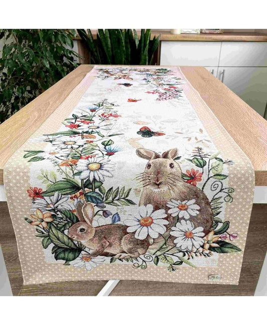 Beige Tapestry Table Runner With Rabbits, Hares And Flowers Pattern. Kitchen, Living Room Festive Home Decor, Housewarming Present Idea.
