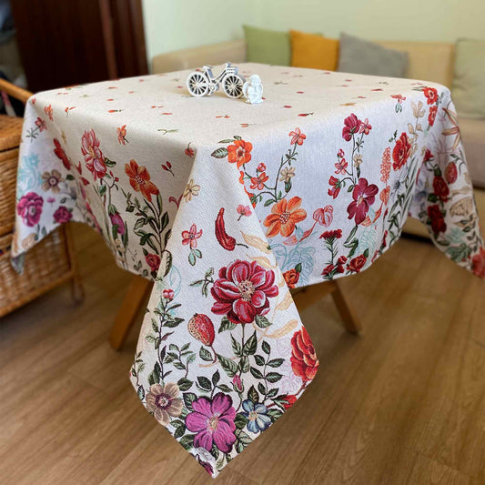 Beige Tapestry Tablecloth With Flowers Pattern. Kitchen Textile Set, Table Linens, Living Room Floral Festive Decor, Housewarming Gift Idea