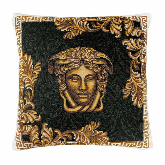 Baroque Style Tapestry Pillowcase With The Head Pattern. Black Cotton Pillow Cover With Gold Monograms, Luxury Home Decor