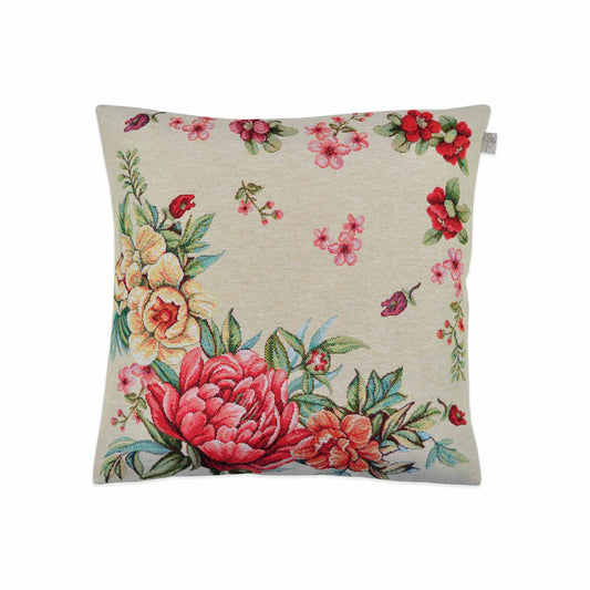 Beige Tapestry Pillowcase With Big Flowers Pattern. Festive Kitchen, Living Room Home Textile Set, Housewarming Present Idea.